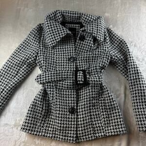 Me Jane Houndstooth Pea Coat w/ Belt Women's Medium Button Close Black and White